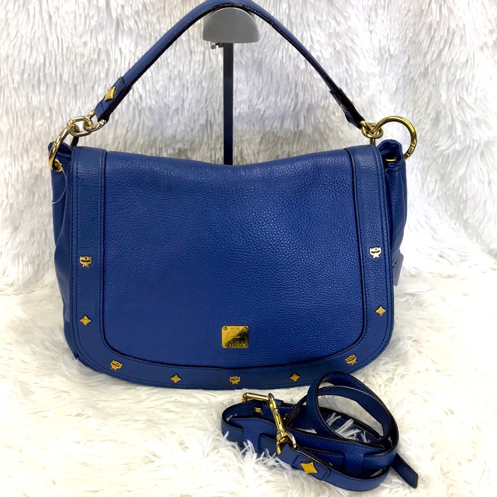 MCM  STUDDED TWO WAY LEATHER BAG BLUE KOREA